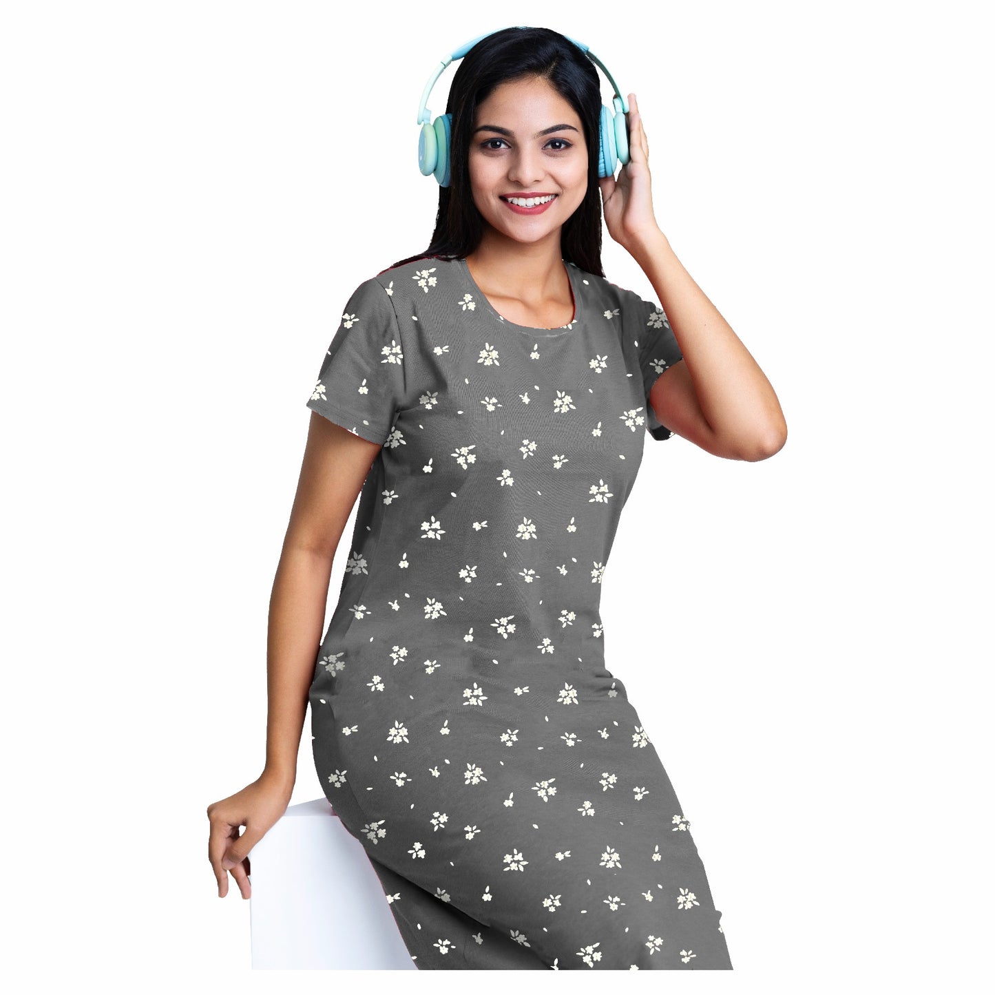 Misty bloom Sleep Dress- Charcoal