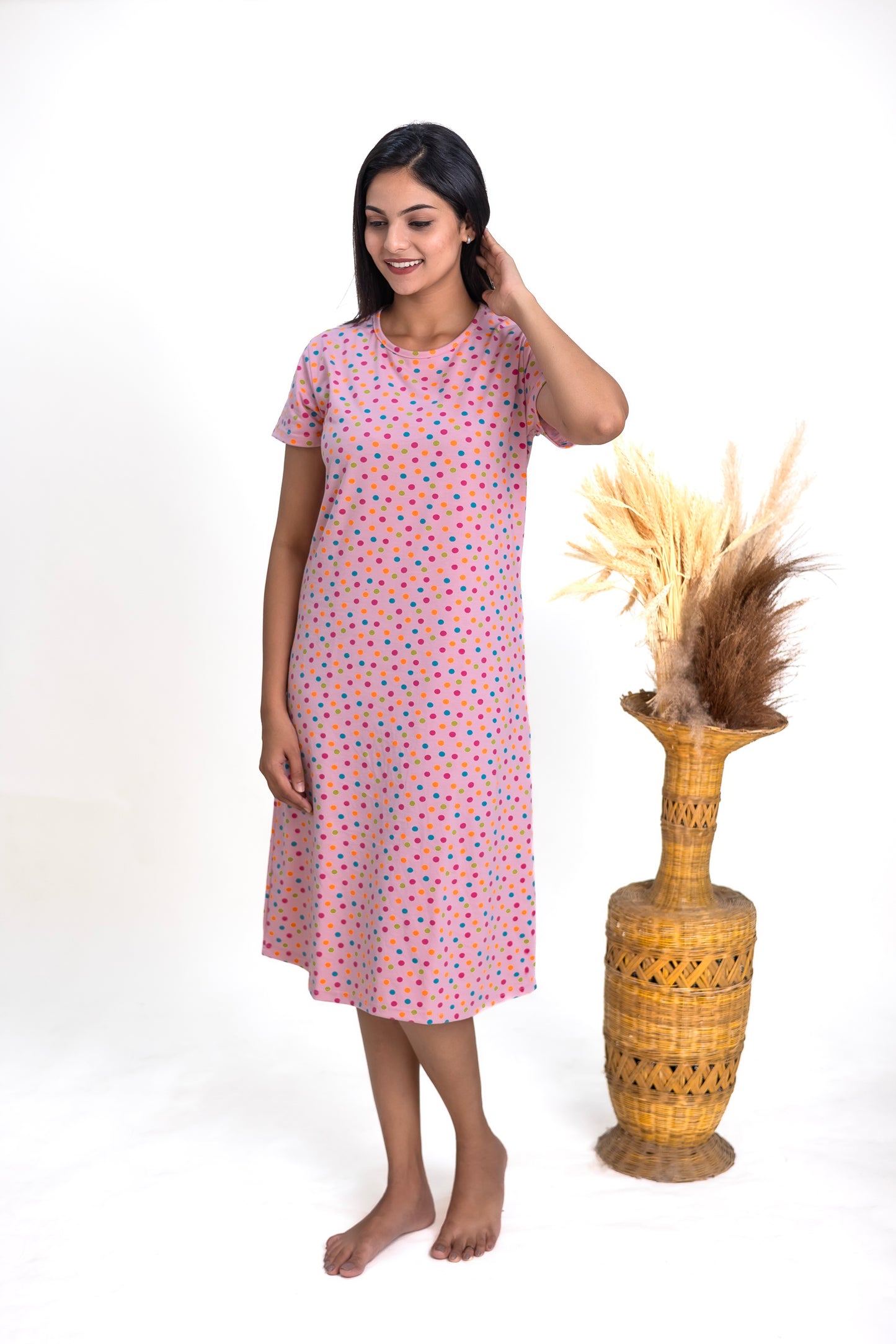 Carnation Polka Dots Sleep Dress - Pink