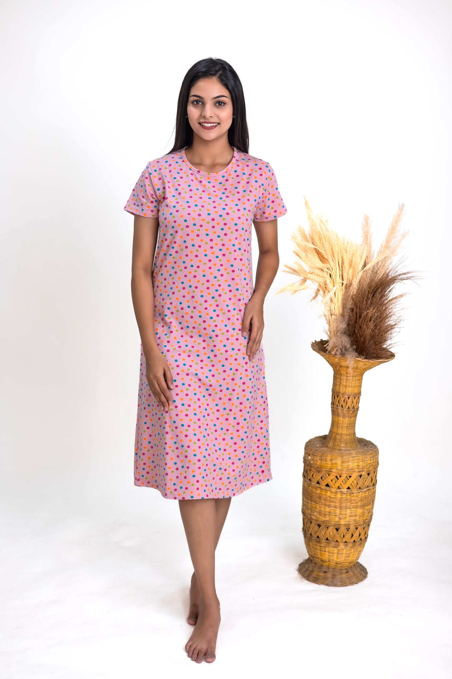 Carnation Polka Dots Sleep Dress - Pink