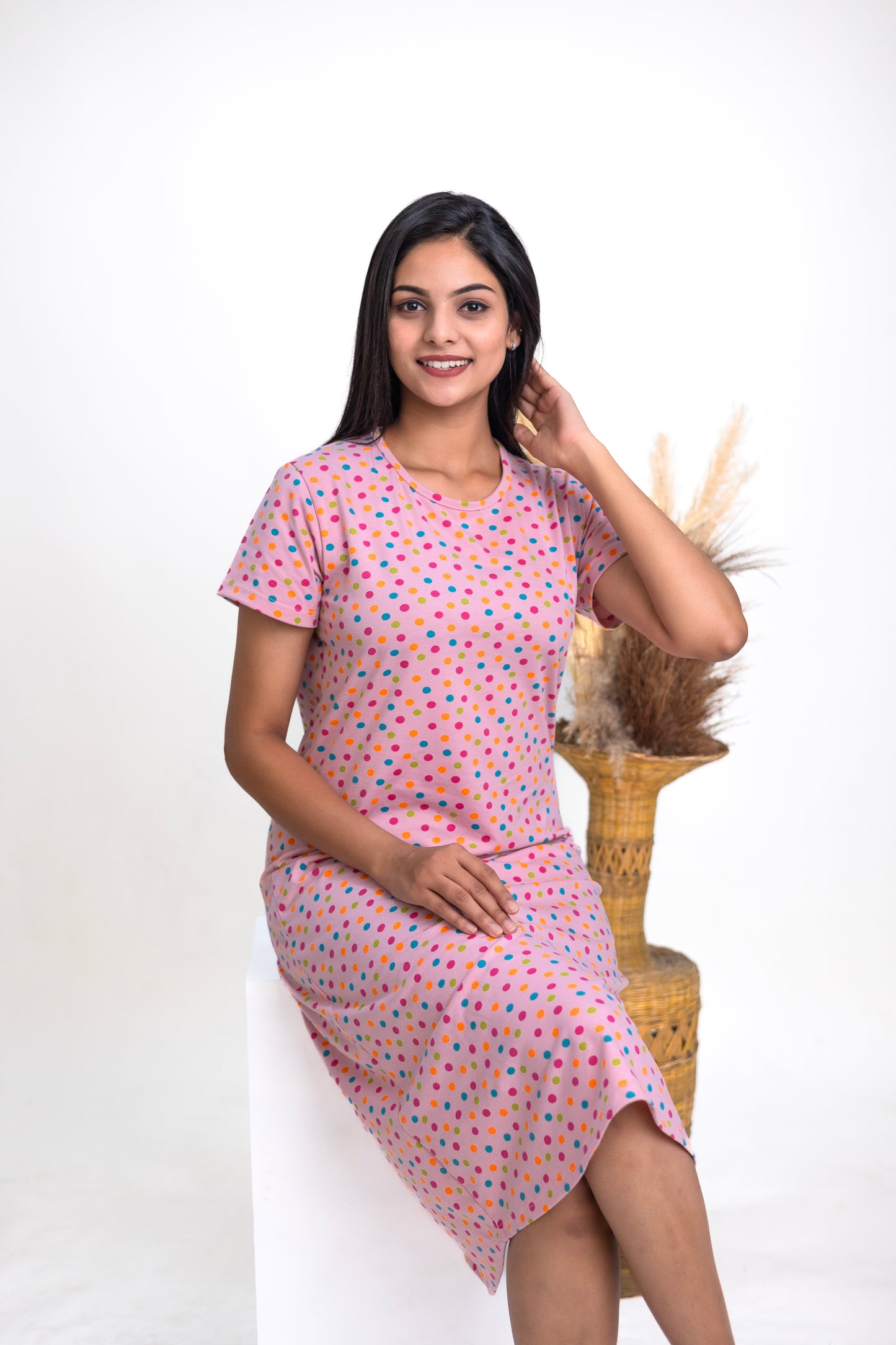Carnation Polka Dots Sleep Dress - Pink