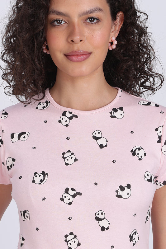 women pink panda print PJ set