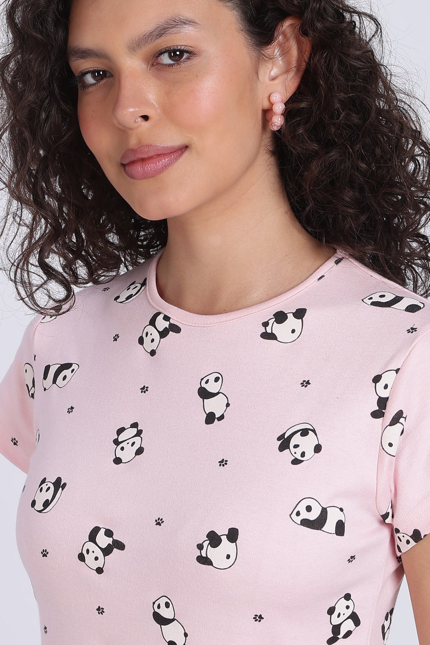 women pink panda print PJ set