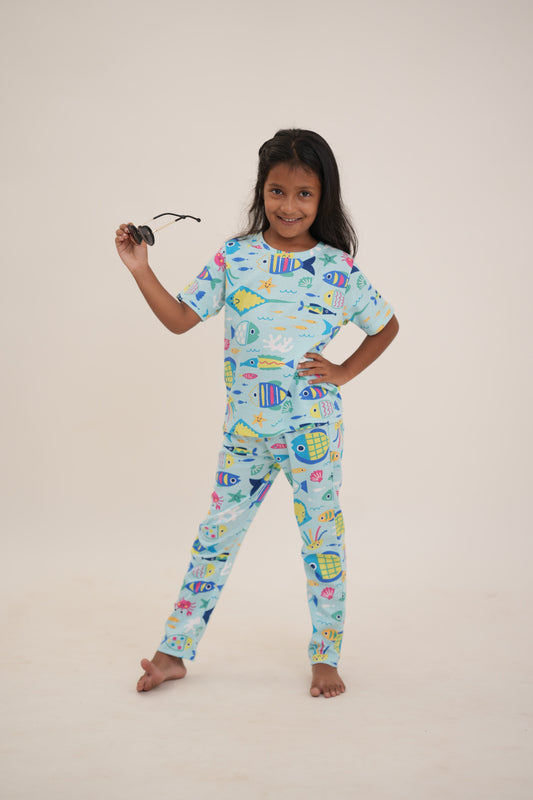 Cute Aqua fishes print co-ords