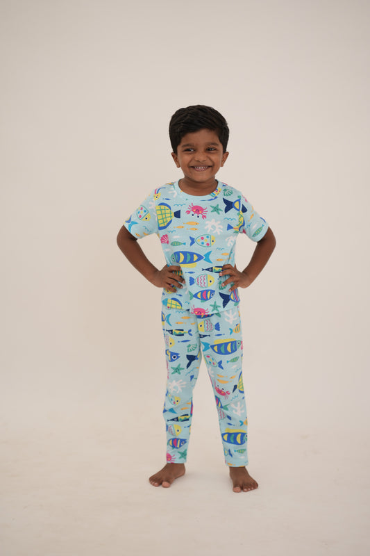 Cute Aqua fishes print co-ords