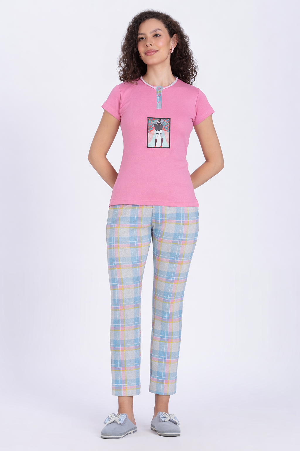 women pink blue checks PJ set