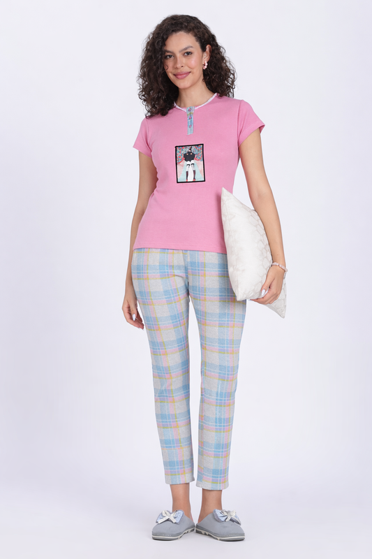 women pink blue checks PJ set
