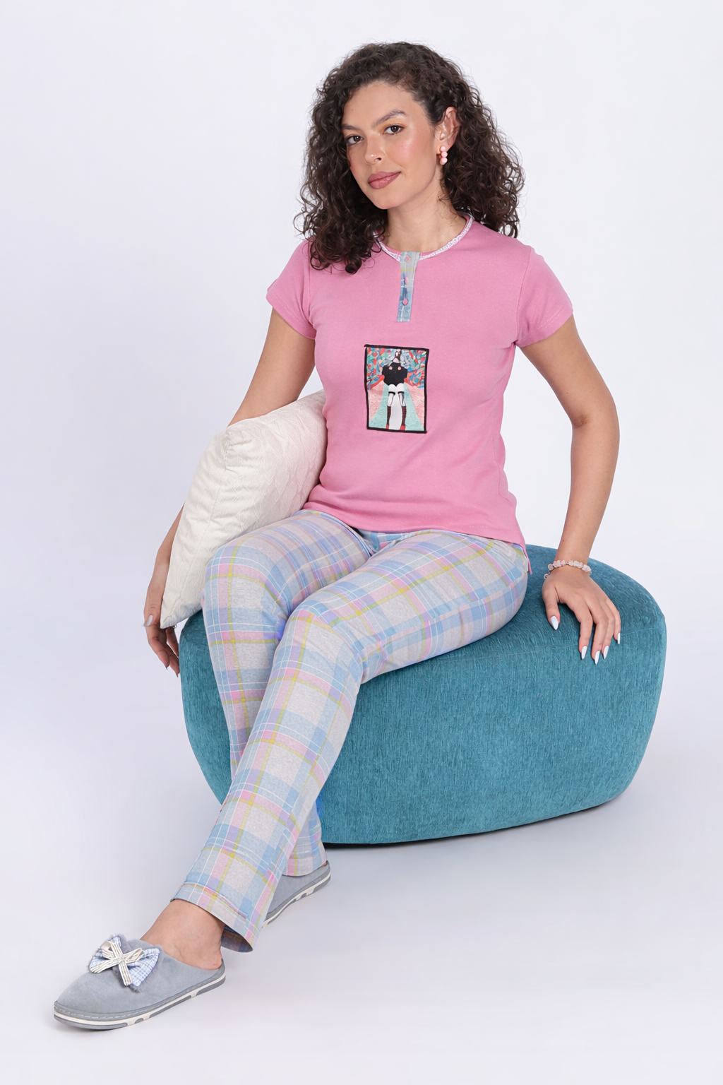 women pink blue checks PJ set