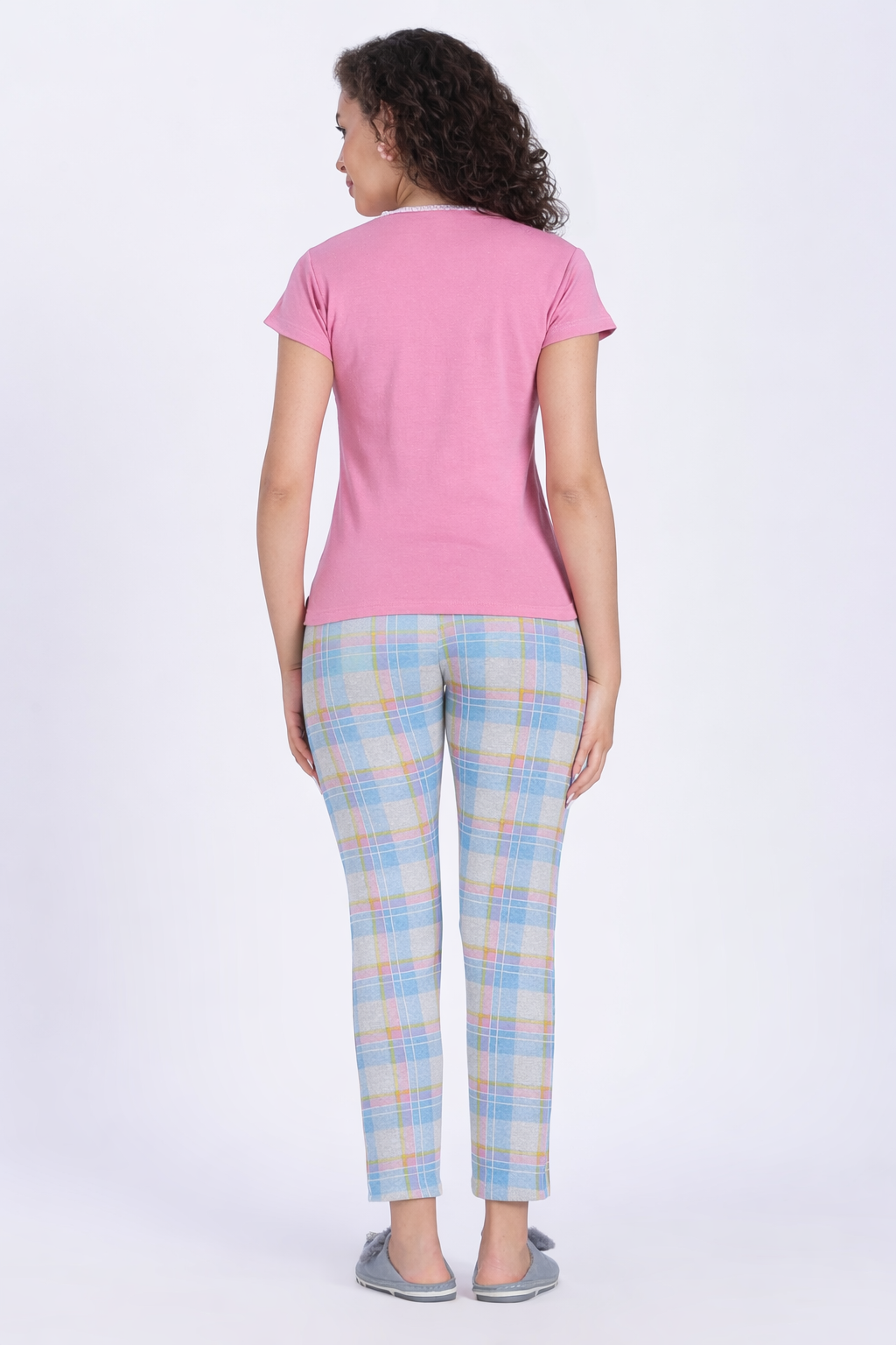 women pink blue checks PJ set