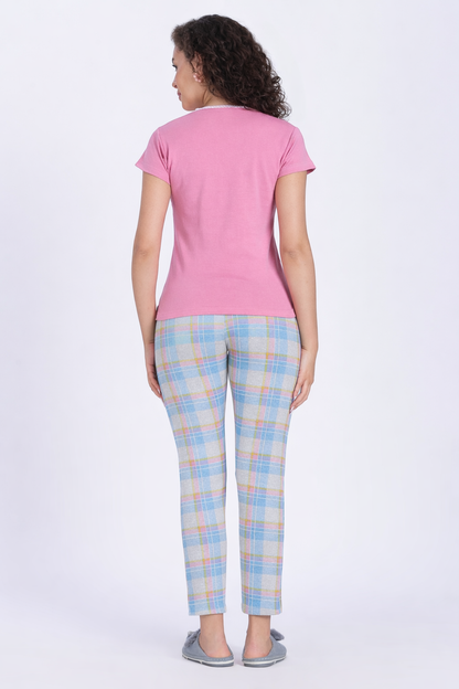 women pink blue checks PJ set