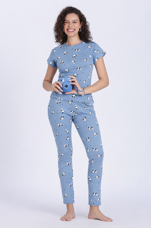 Women Blue panda print  PJ set