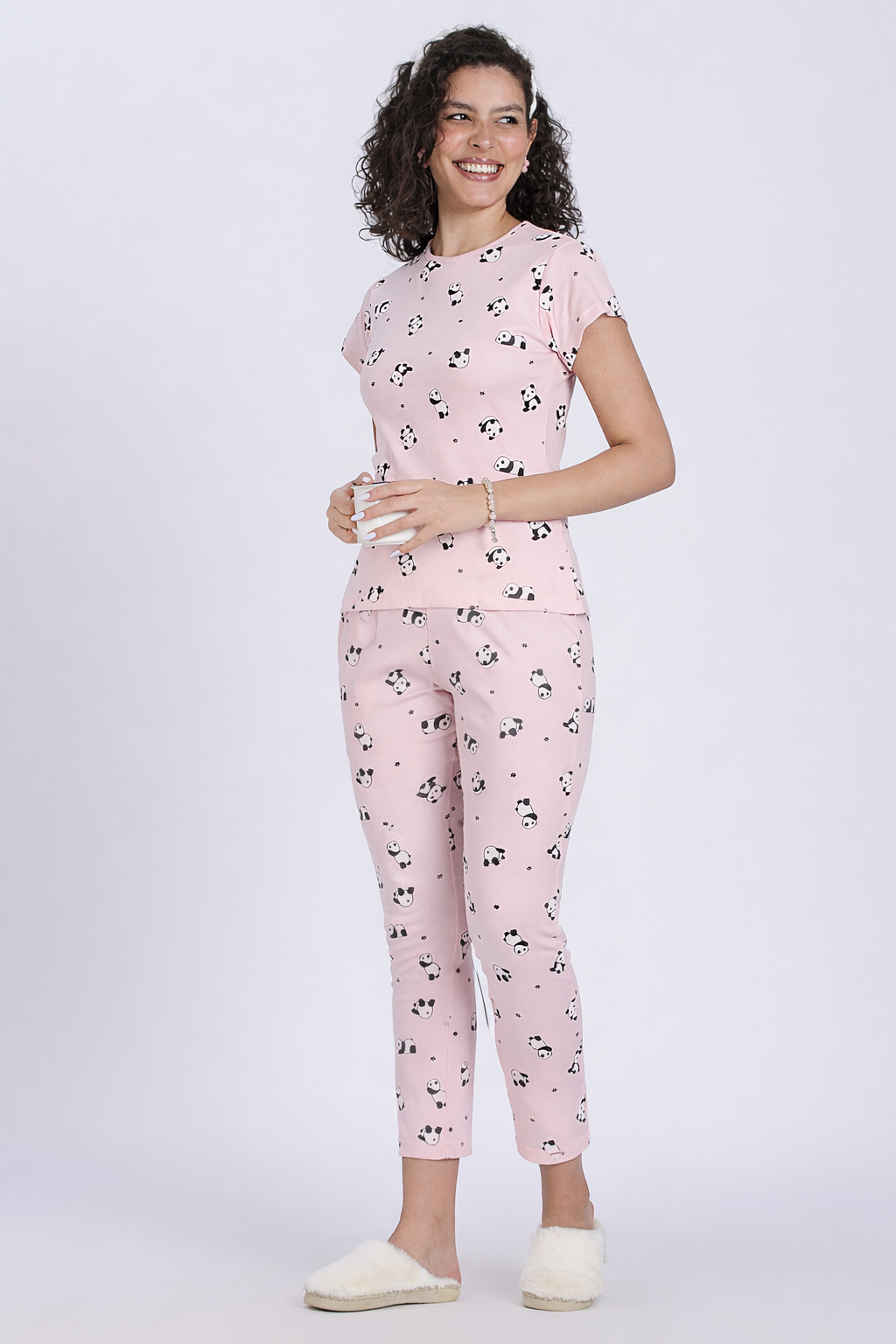 women pink panda print PJ set
