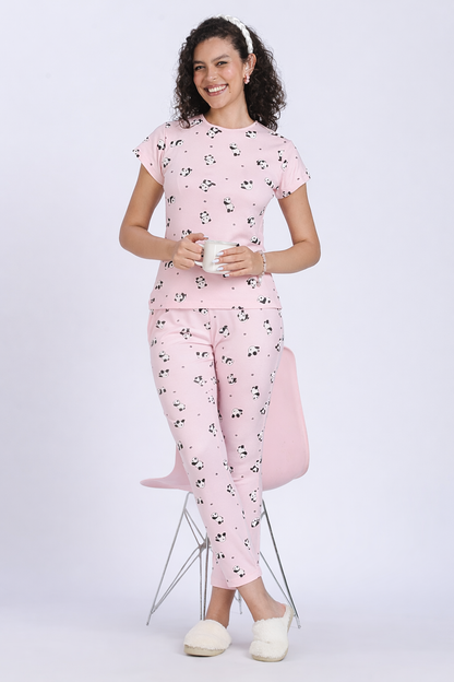 women pink panda print PJ set