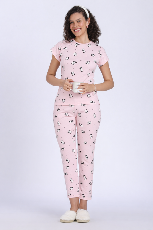 women pink panda print PJ set