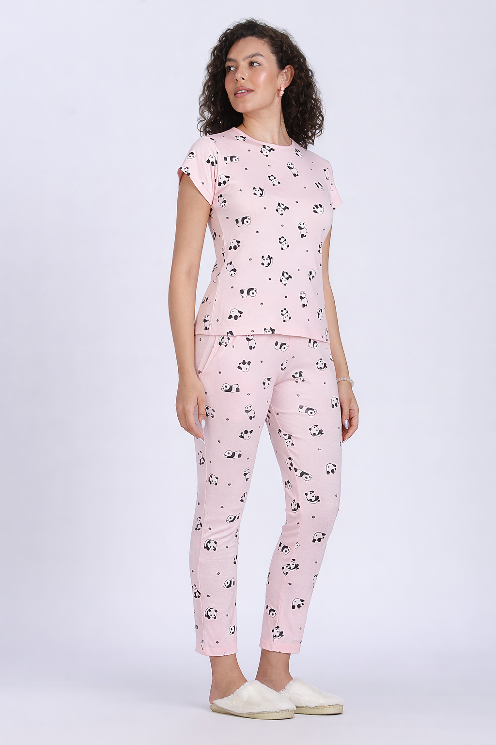 women pink panda print PJ set