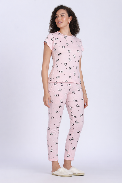 women pink panda print PJ set