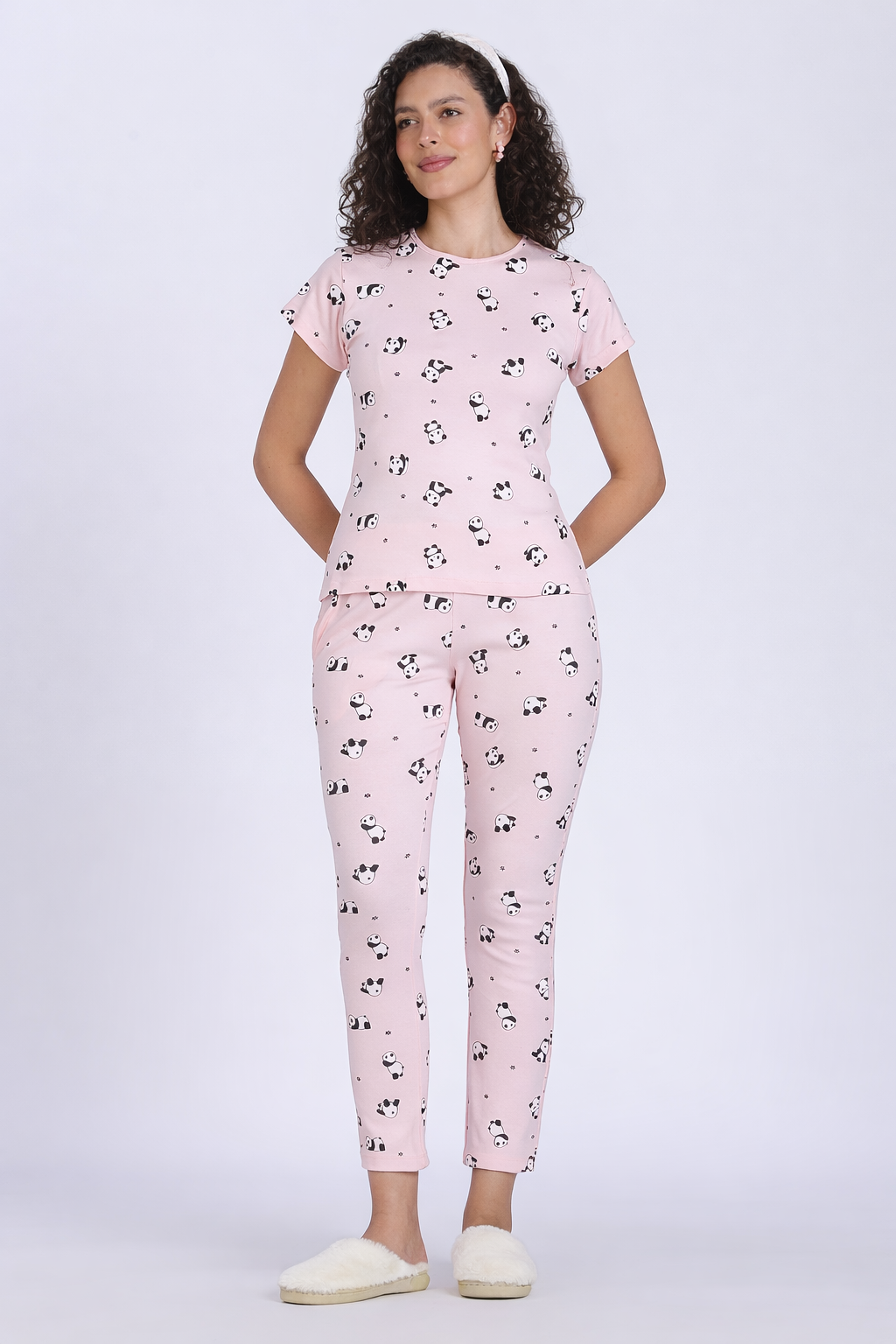 women pink panda print PJ set