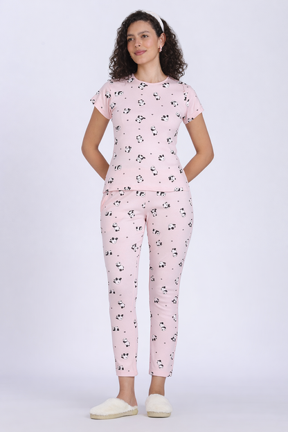 women pink panda print PJ set