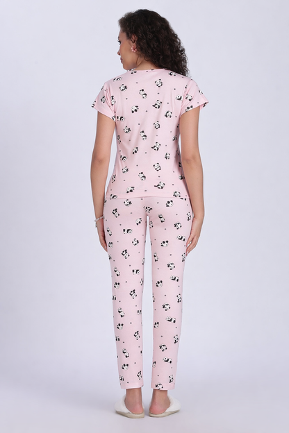 women pink panda print PJ set