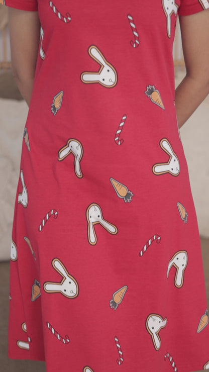Joyful Bunny Sleep Dress - Red