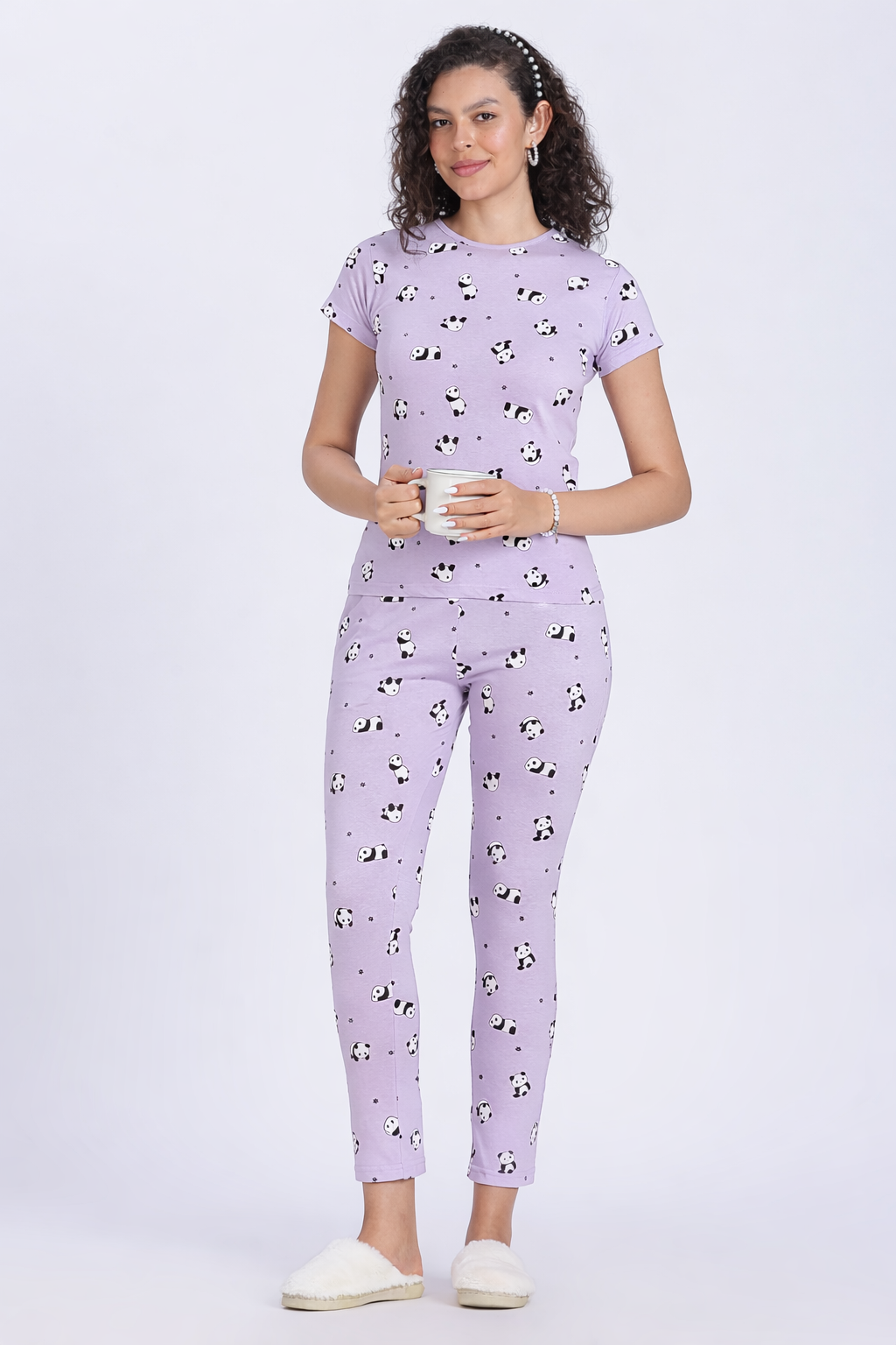 women lilac panda print PJ set