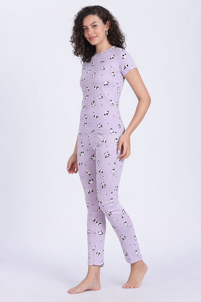 women lilac panda print PJ set