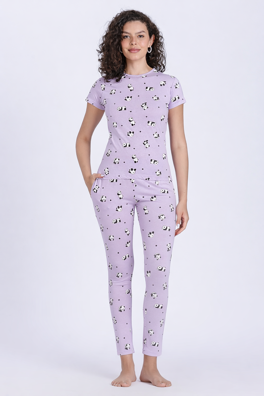 women lilac panda print PJ set